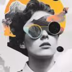 Колаж на размечтана дама с очила