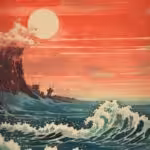 Илюстрация на бурно море и червено небе